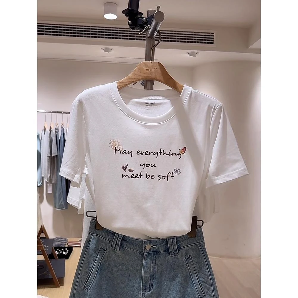 休闲简约韩系ins白色上衣2025年夏季新款套头圆领正肩短袖女士t恤