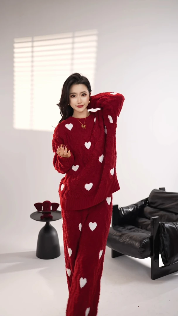 妍色物语【红色爱心】半边绒圆领套头本领年睡衣家居服两件套装冬款