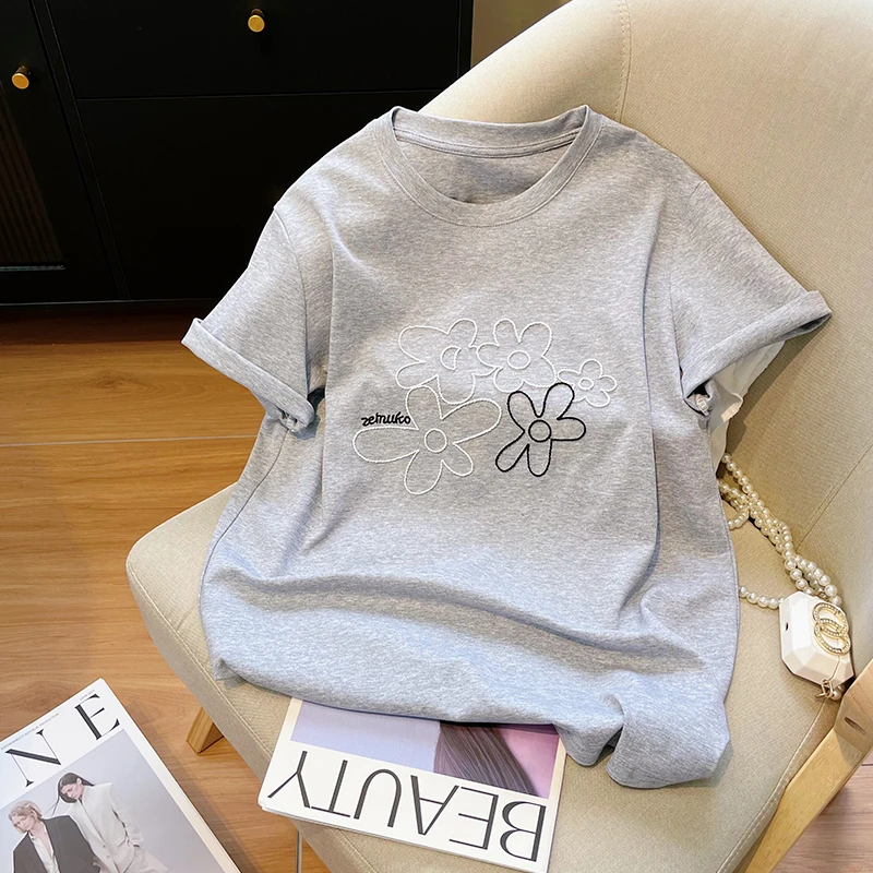韩系chic小众简约风刺绣花朵短袖t恤女宽松洋气时尚百搭舒适上衣