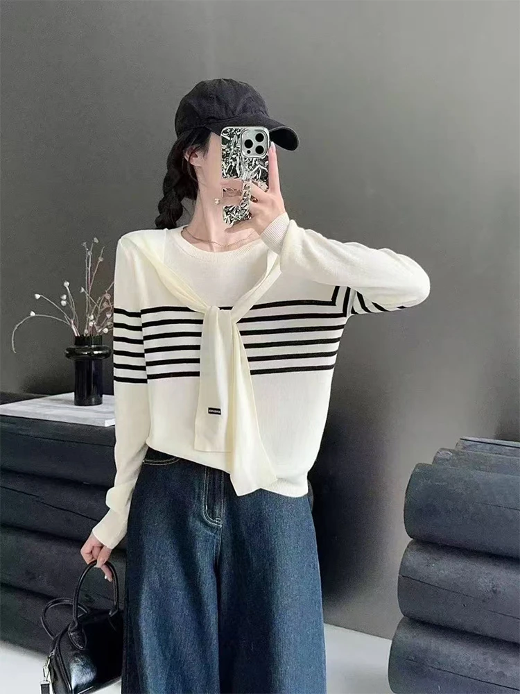 韩系设计感条纹围巾领长袖上衣女2025夏季新款针织衫打底衫I4-94