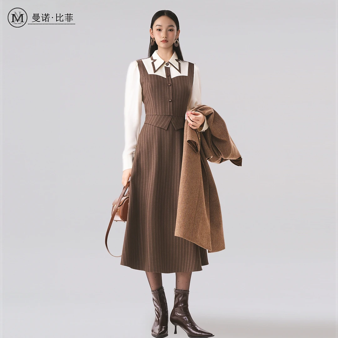 【小朱专享】冬季法式优雅气质拼接长袖连衣裙MFEL142186