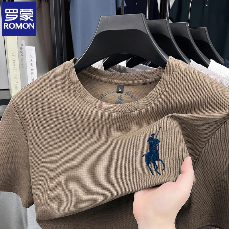 罗蒙100%纯棉短袖t恤男士高档小马刺绣圆领半袖体恤休闲百搭上衣