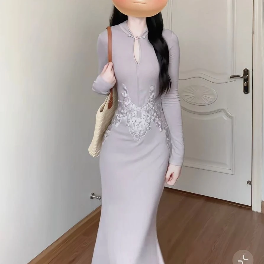 新中式复古盘扣旗袍修身连衣裙搭软糯针织开衫时尚套装9165娇