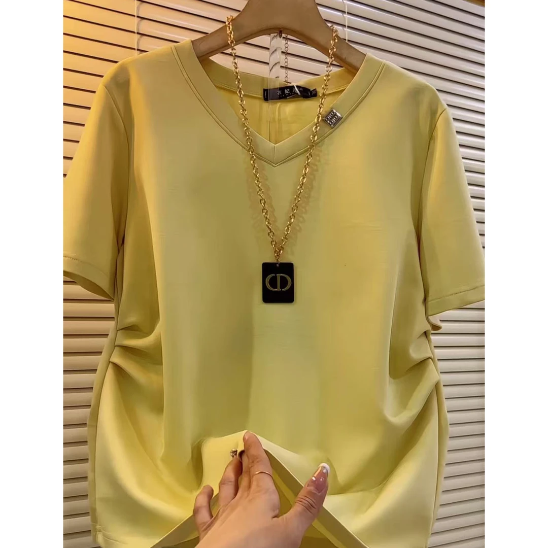 今年流行穿搭2025夏季新款温柔风褶皱收腰纯色休闲风短袖T恤上衣