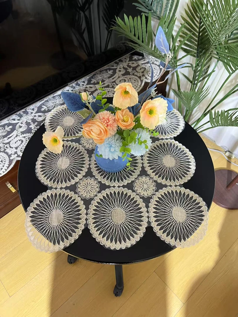 ZN190-308绳绣【50*50】米色大圆圈满工绳绣桌布茶几布多功能盖巾