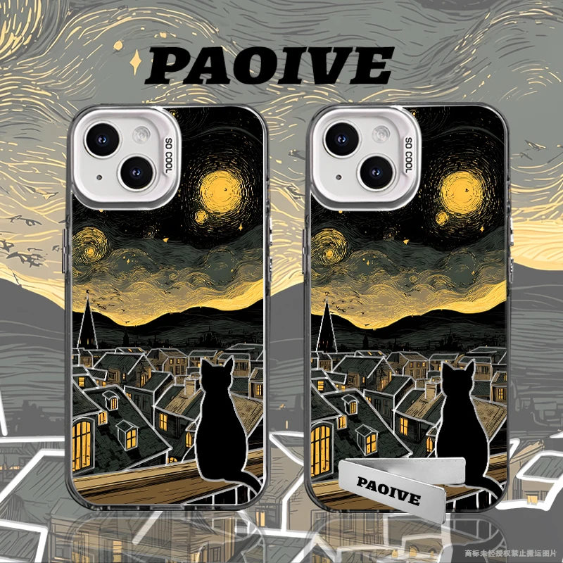 星空油画猫咪创意适用苹果华为vivoiPhone小米三星防摔彩银手机壳