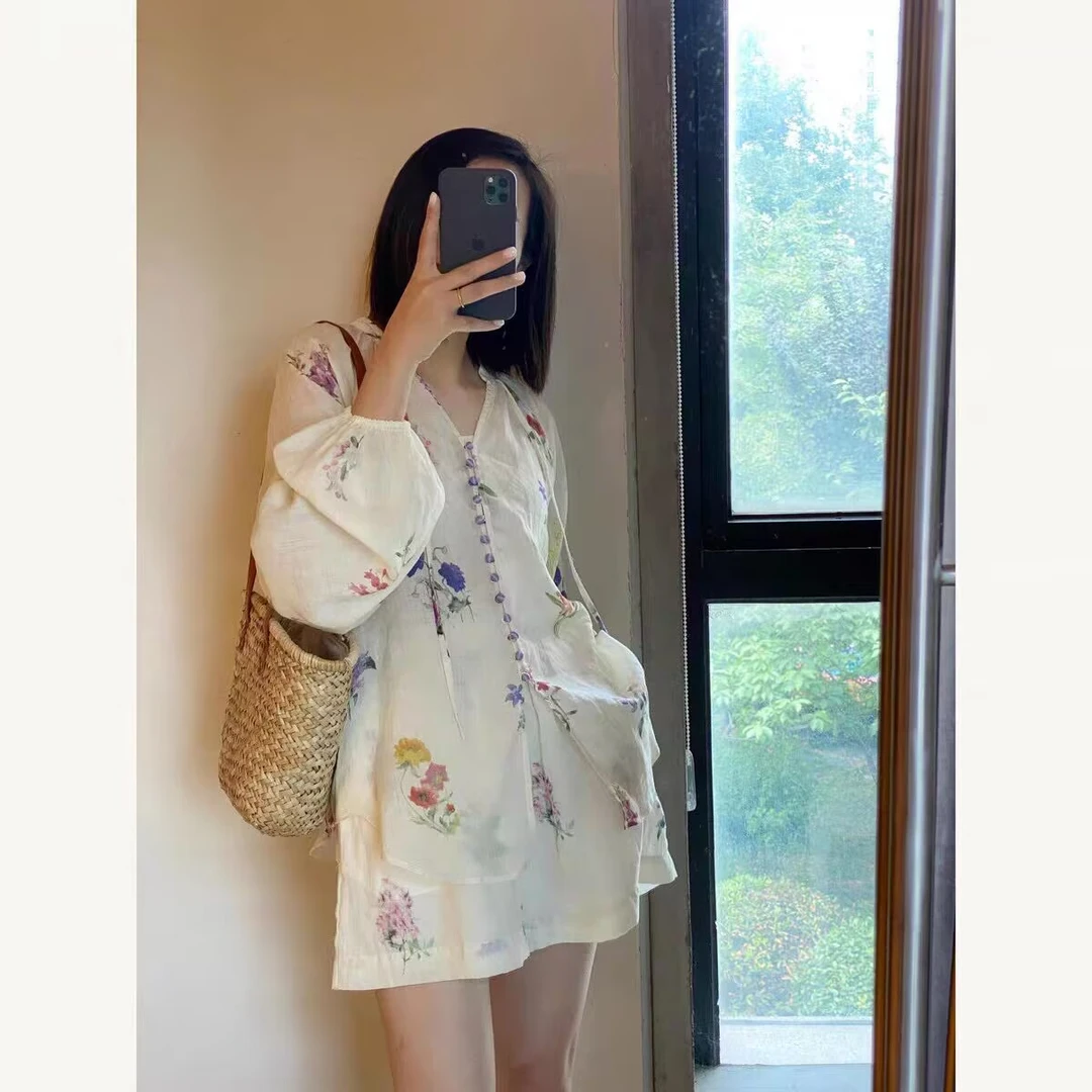 复古碎花套装薄款防晒长袖衬衫高腰阔腿休闲短裤女夏季新款两件套