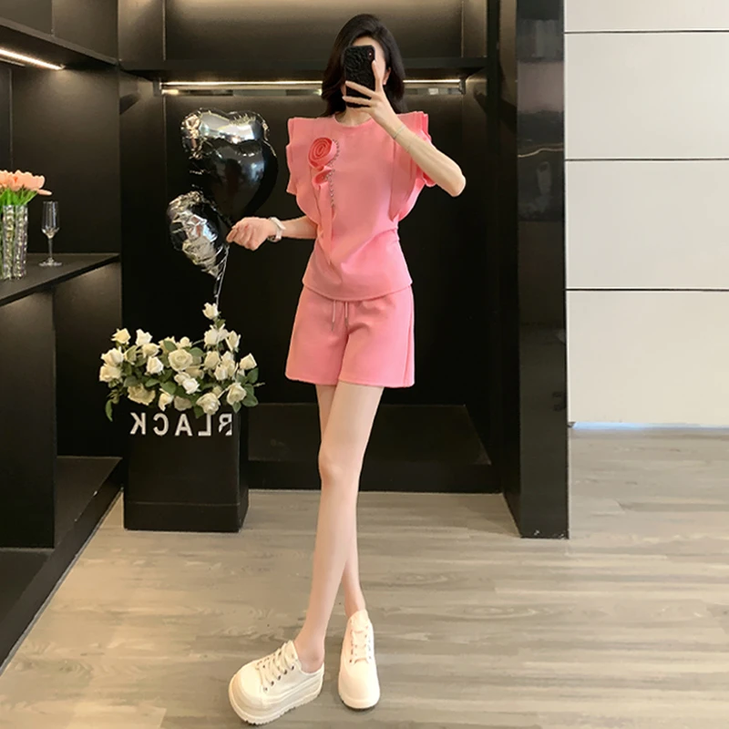 高级感时尚洋气套装女夏季新款圆领粉色立体花朵上衣短裤两件套潮