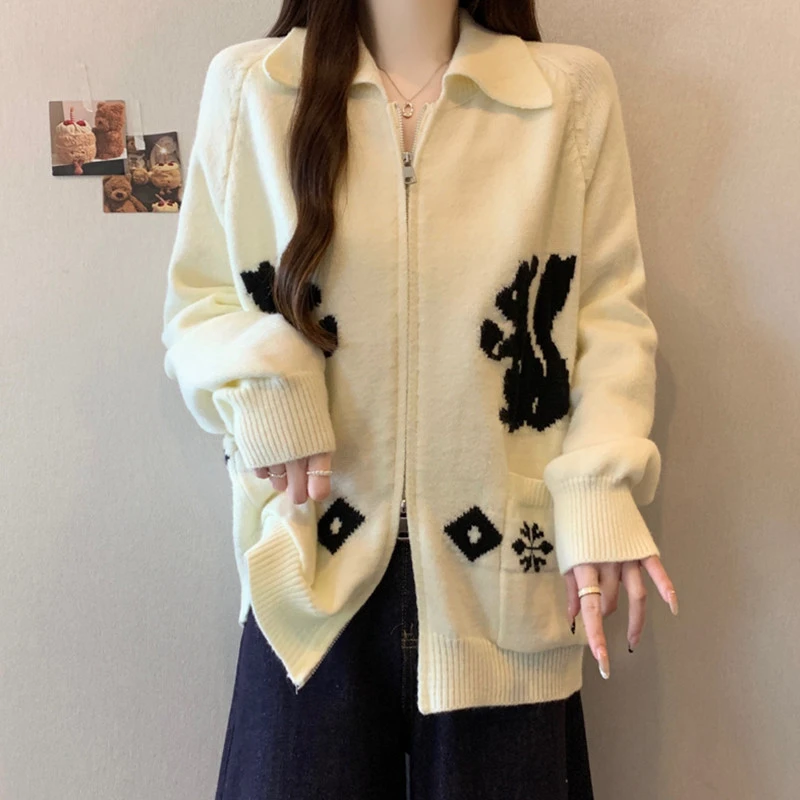 大码女装撞色兔子图案拉链针织外套女秋冬胖妹妹宽松百搭长袖毛衣
