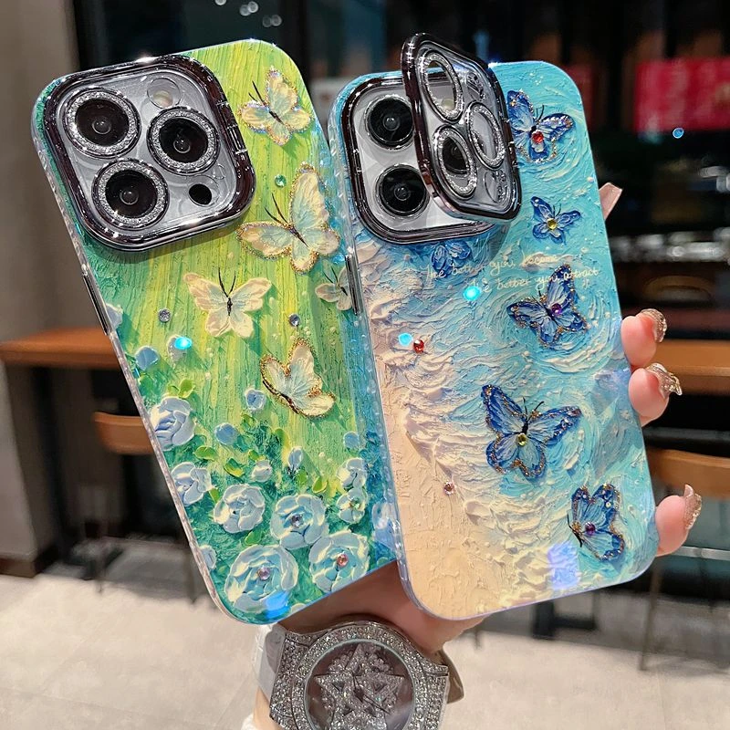 适用苹果系列iPhone16新款手机壳优雅海滩蝴蝶银灰色闪粉镜头支架