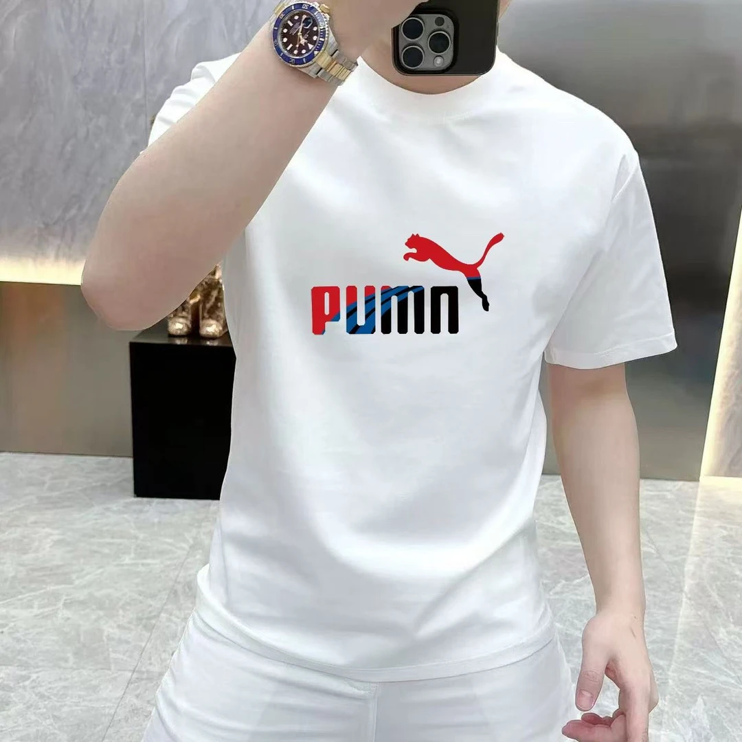 夏季新款潮牌纯棉印花短袖T恤白色圆领透气运动纯色半袖精神小伙