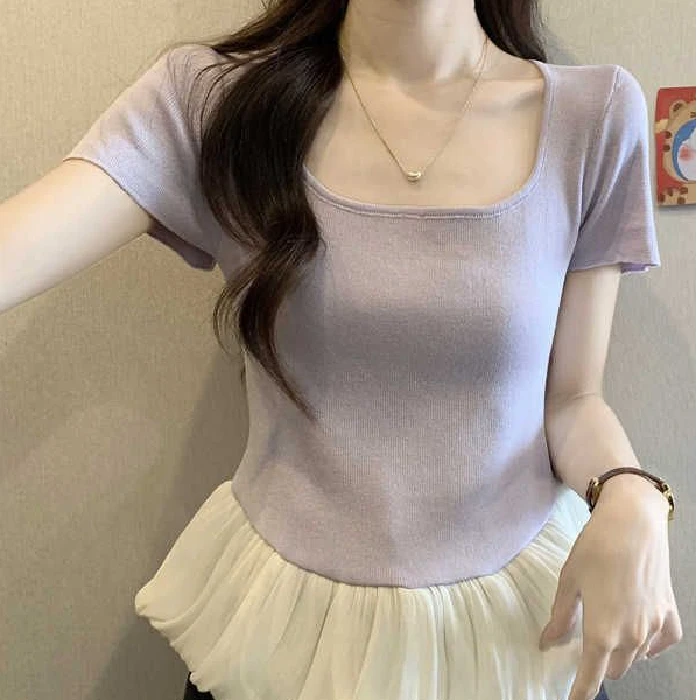 法式时尚减龄显瘦拼接别致上衣夏季新款气质修身洋气小衫短睡衣女