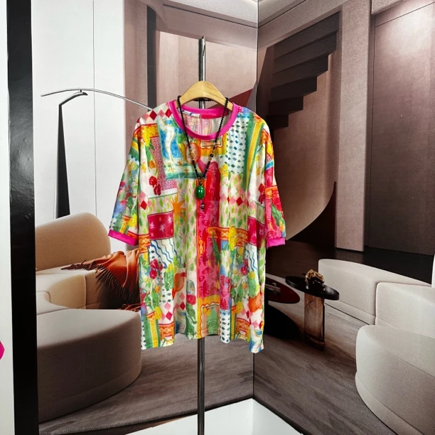 印象画大码女装短袖t恤女夏装2025新款宽松中长款遮屁股上衣