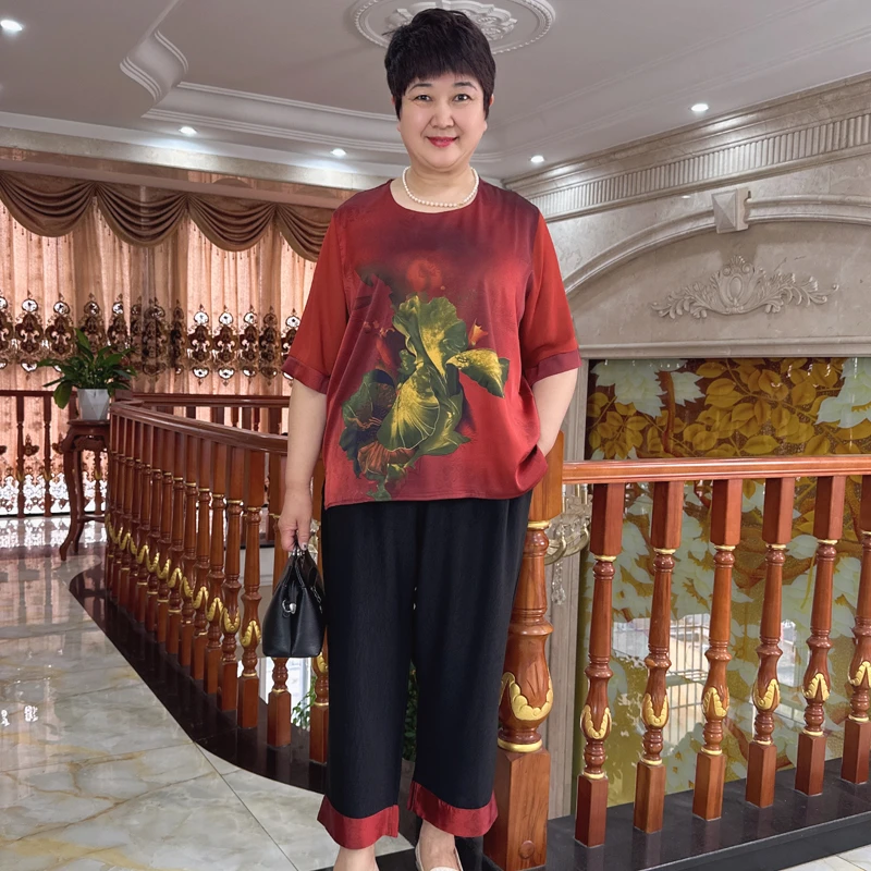 英姐大码妈妈装春夏新款休闲风俩件套中老年女装加肥加大圆领上衣