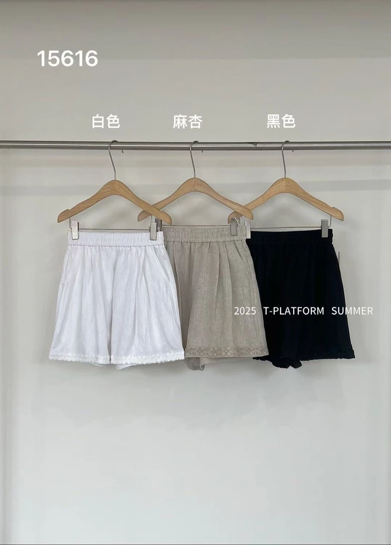 TT福（1tt15616#）麻料的、下摆立体花花休闲短裤 6-3