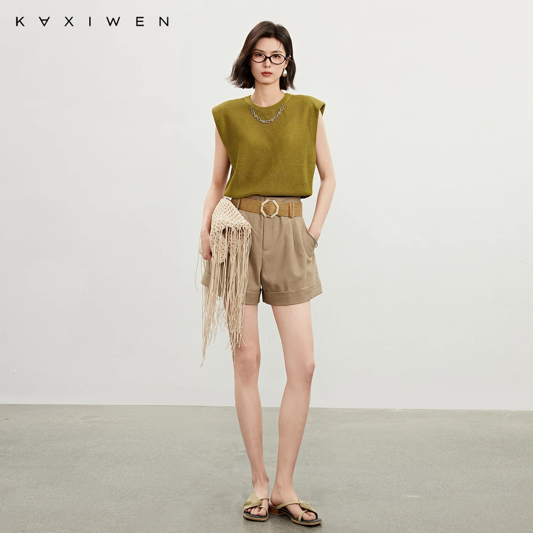 佧茜文时髦感无袖针织衫【夏新】简约垫肩可拆卸链条上衣X04AZN2540