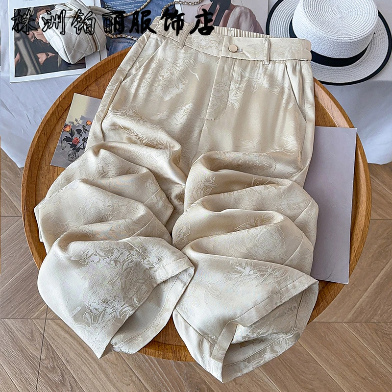 香槟色醋酸阔腿裤女夏薄款2025新款缎面印花休闲裤宽松直筒拖地裤