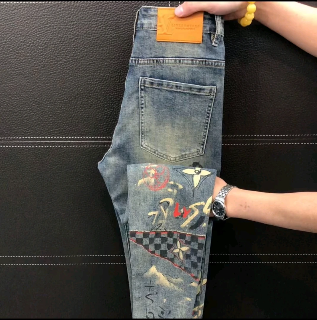 新款手绘欧货时尚重工男士小脚牛仔裤