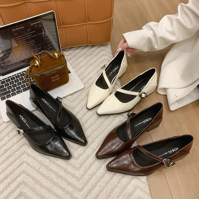 女鞋单鞋百搭粗跟平底尖头浅口中跟气质网红时尚春季法式高跟低跟