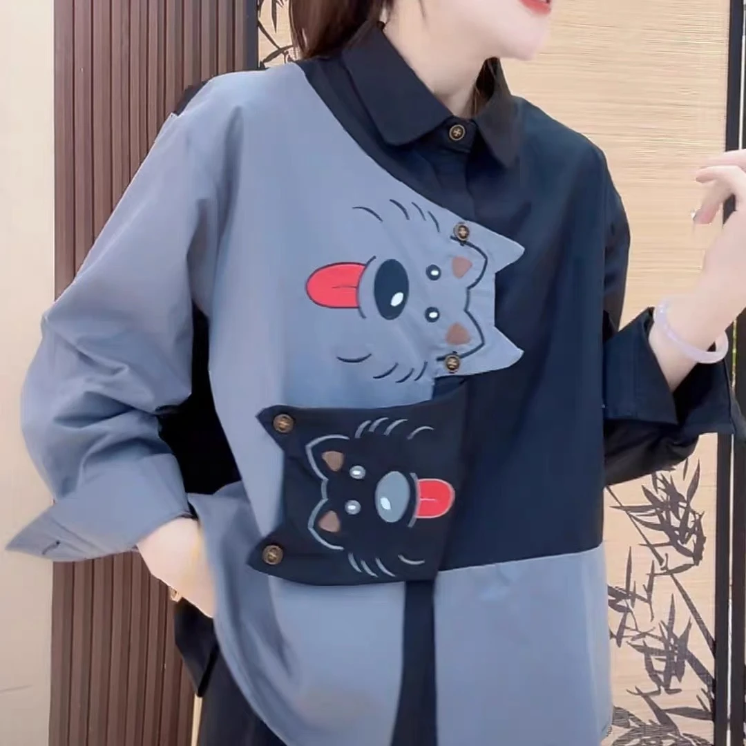 日系高级感小狗刺绣长袖拼接衬衫男女春季港风拼接撞色小个子上衣