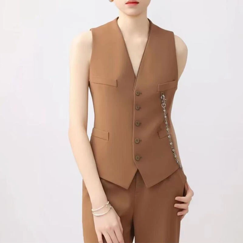 商场同款2025春夏新款女装V领附金属链收腰西装无袖马甲女5400780