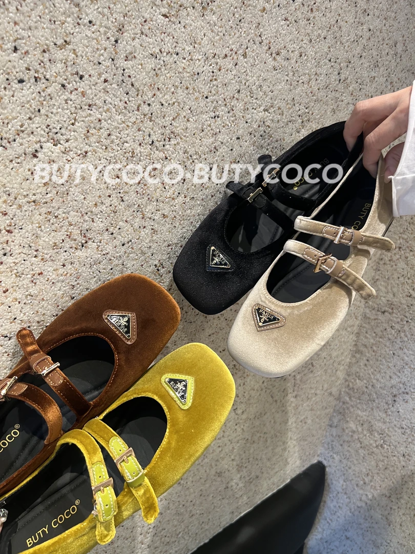 欧货2025春夏新款浅口圆头金丝绒三角标拉带方头玛丽珍单鞋616-71