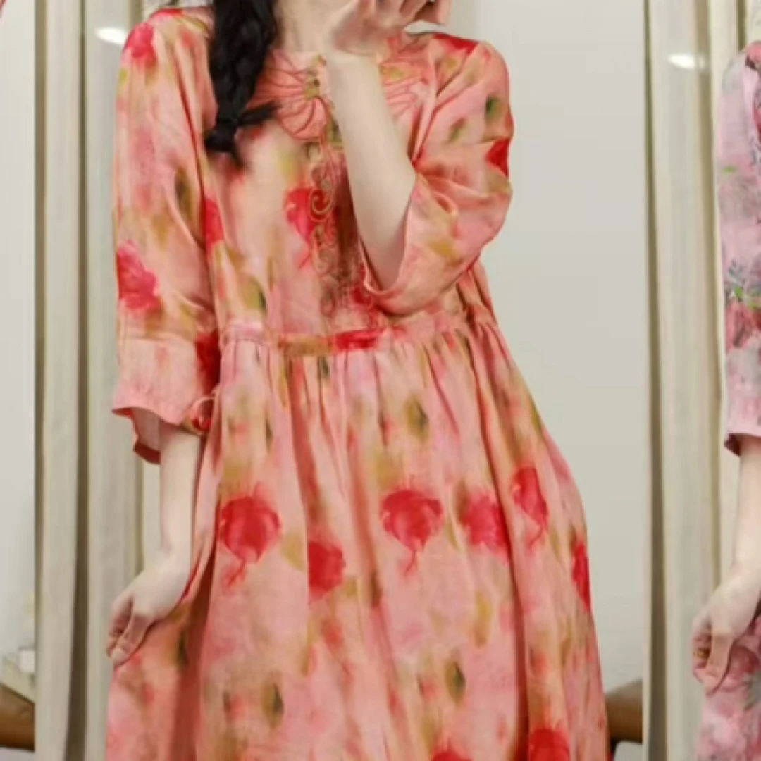 重工刺绣夏季中长款碎花苎麻连衣裙收腰显瘦过膝裙