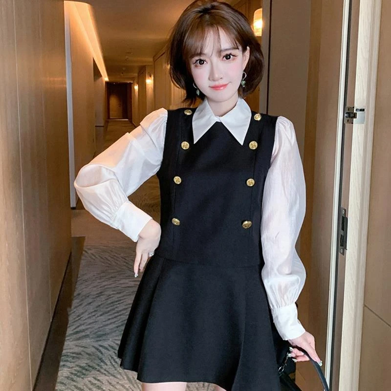 两件套拼接翻领衬衫百褶半裙2025春季新款时尚女装时尚套装2186