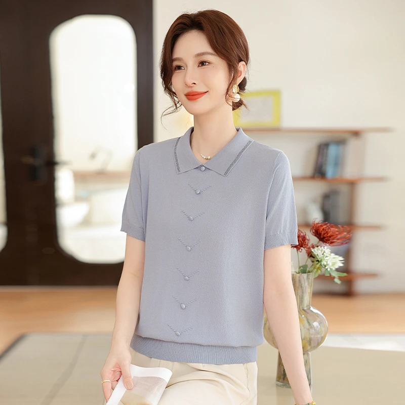 妈妈装夏季2025新款洋气上衣纯色翻领中老年女装时尚短袖T恤小衫