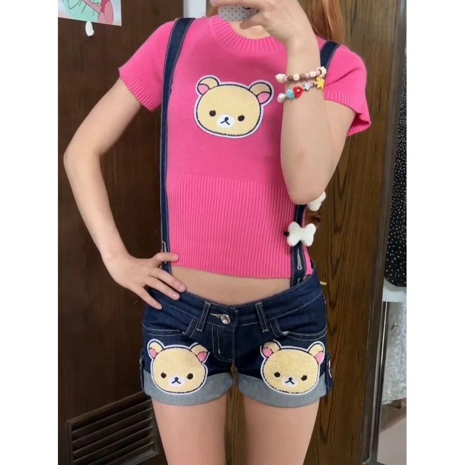 美式vibe大码水洗卡通刺绣牛仔背带短裤女辣妹y2k修身显瘦热裤潮