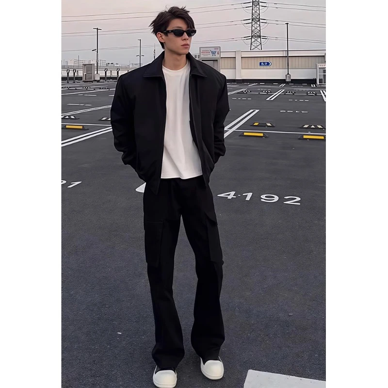 美式潮牌飞行员夹克男款cleanfit外套春秋黑色痞帅短款翻领棒球服