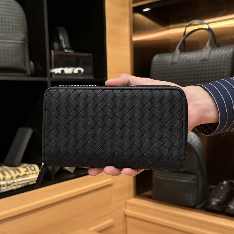 BV【胎牛皮】头层牛皮手工编织男士经典零钱包手拿包黑色手包长款