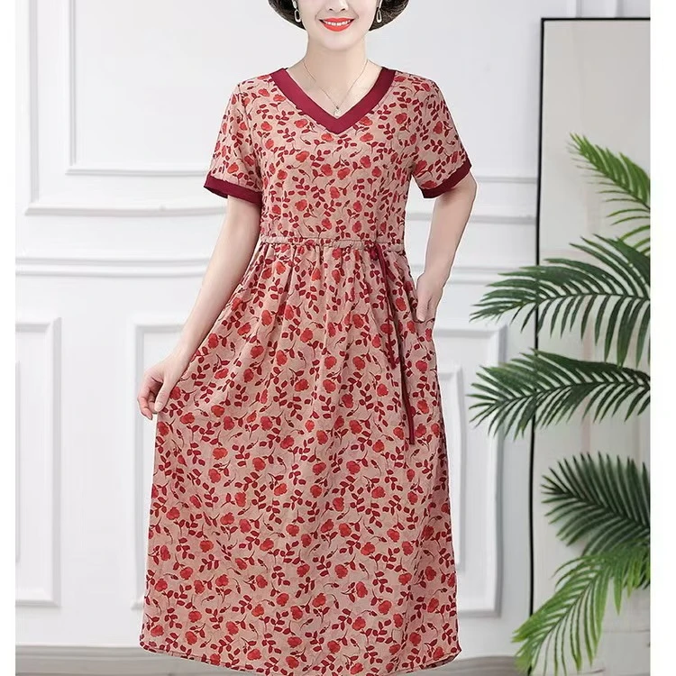 10241-夏季新款时尚洋气中年短袖连衣裙显瘦妈妈装【A仓货架】