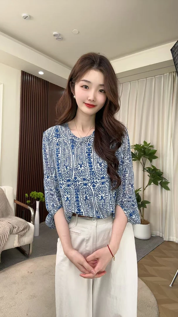 37215夏季新款百搭显瘦碎花七分袖小衫