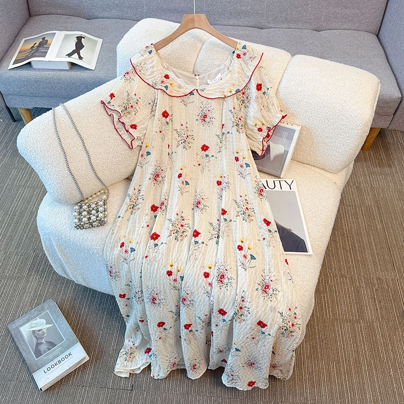 【66933】130-350斤大码女装胖mm度假风碎花连衣裙夏季新款娃娃领