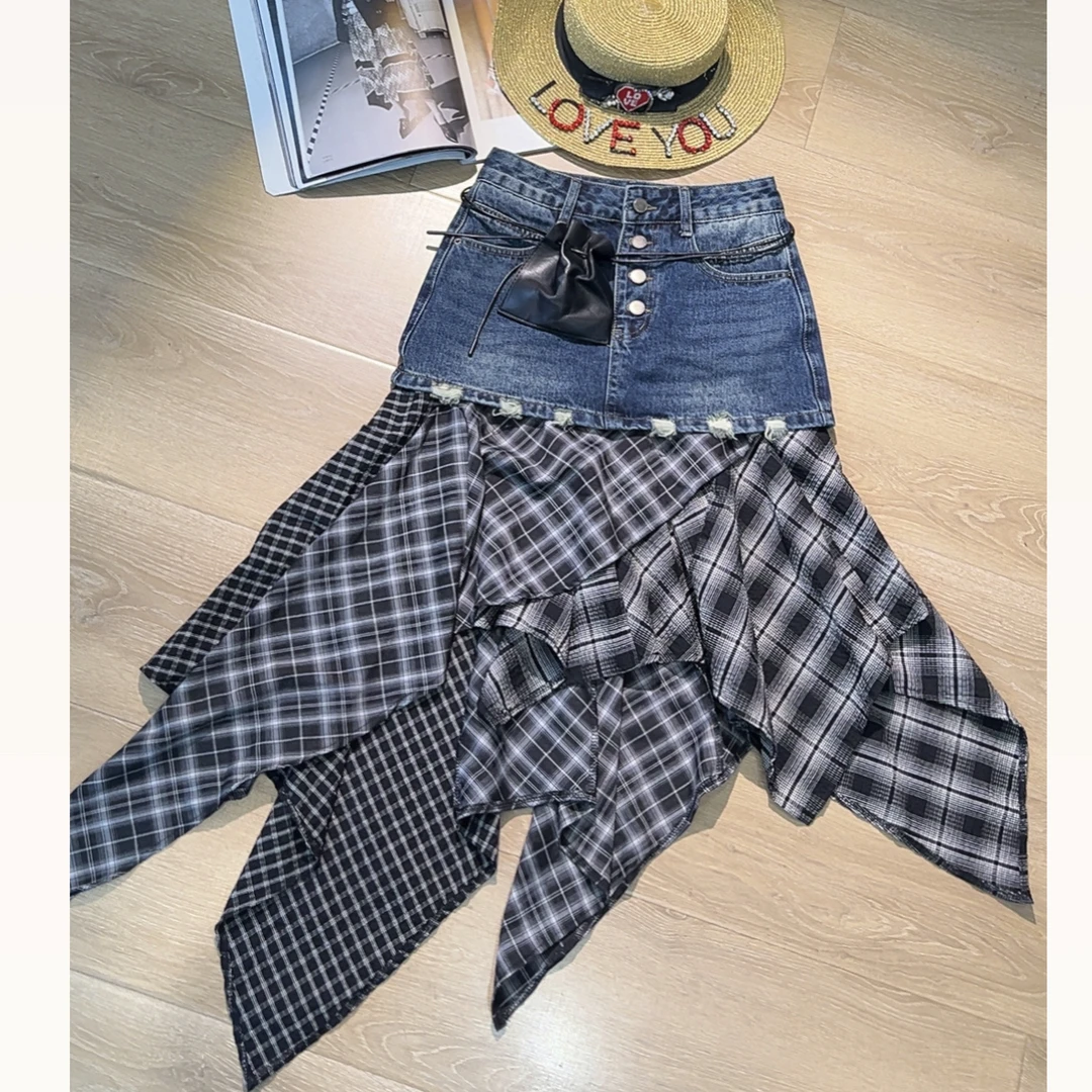 原创美式复古不规则拼接英伦格时髦牛仔半裙