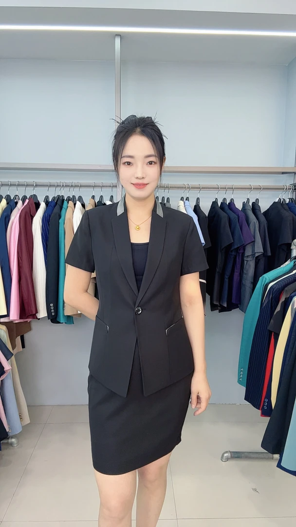 立领黑色夏季短袖女套装显瘦套装8866