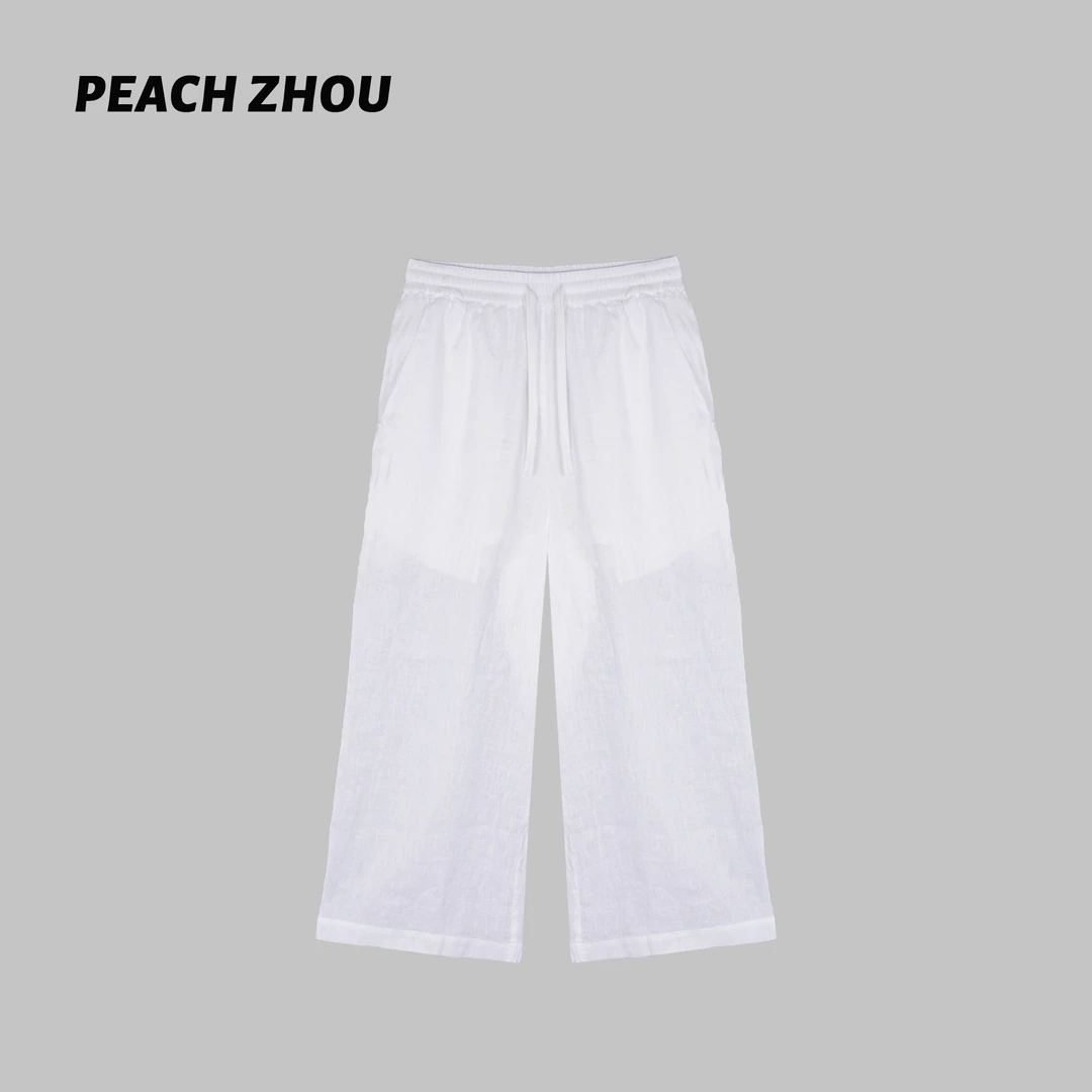 『PEACHZHOU』100直筒七分裤简约休闲温婉风松紧腰阔腿长裤女蕾丝