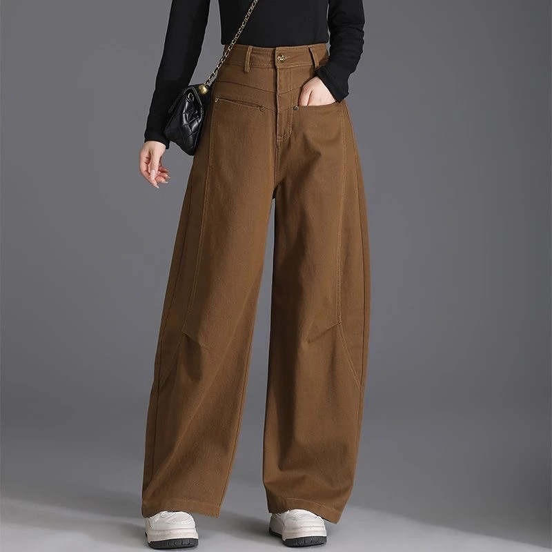 高腰卡其色阔腿直筒牛仔裤2025年春秋新款复古显瘦宽松阔腿遮肉裤