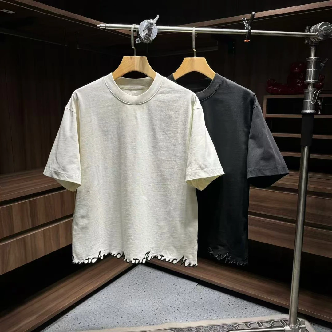 86075夏季新款美式下摆刺绣花边设计潮流宽松纯棉情侣款短袖