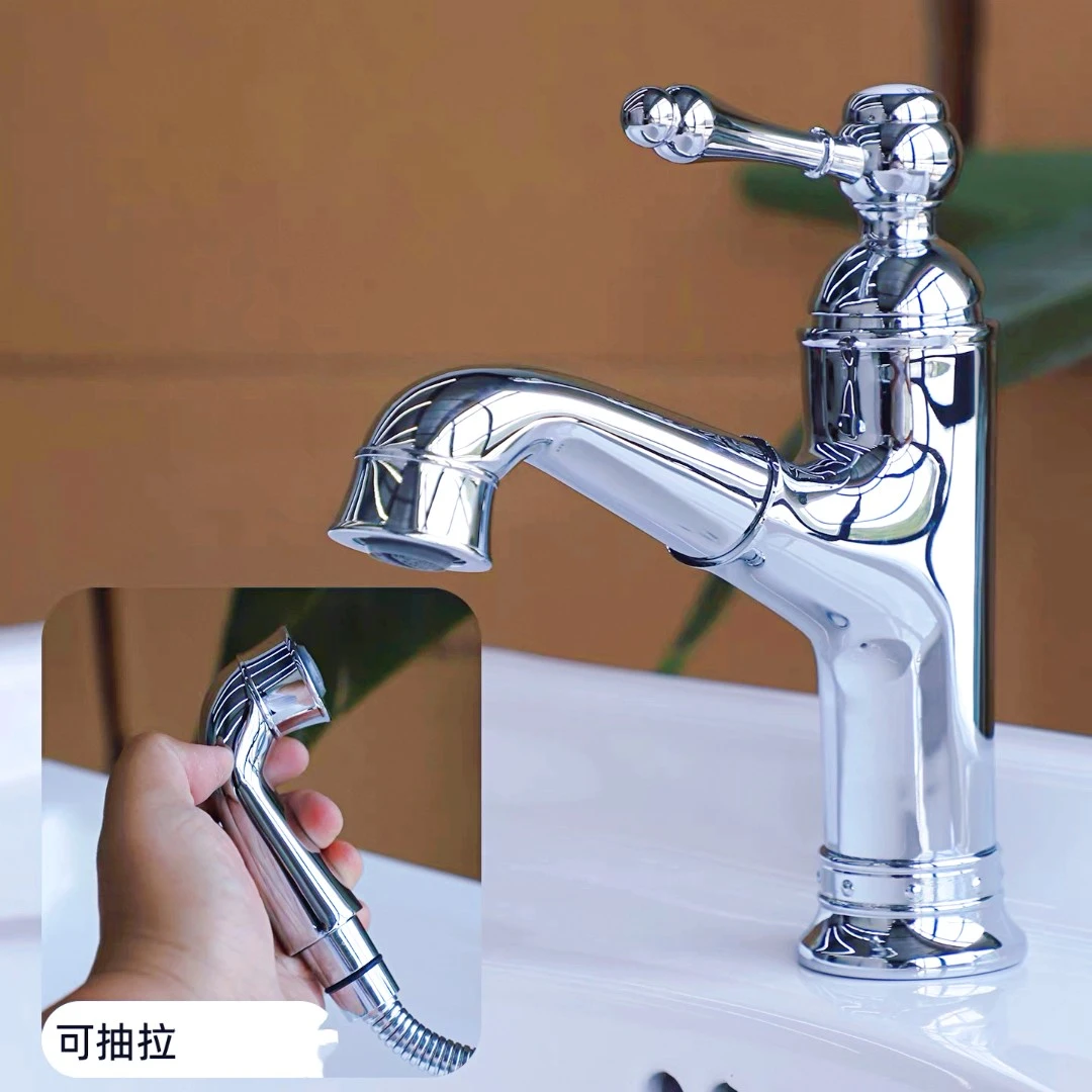黄铜抽拉起泡节水龙头卫生间法法式洗手台洗漱台面盆洗手台浴室柜