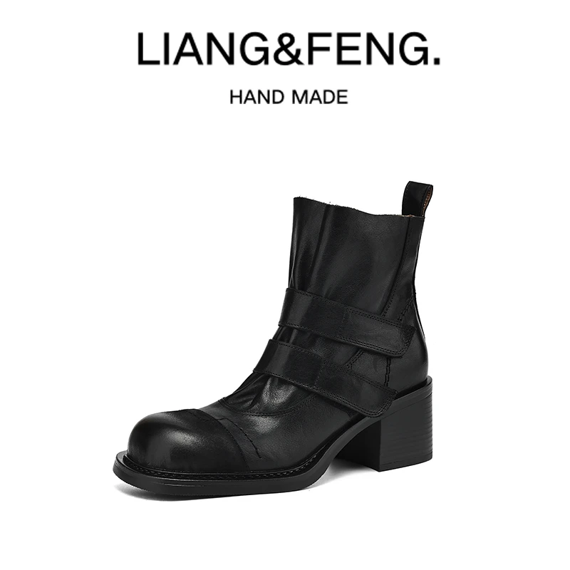 水洗马皮/可调节魔术贴圆头擦色粗跟厚底短靴秋冬季欧美单靴M161