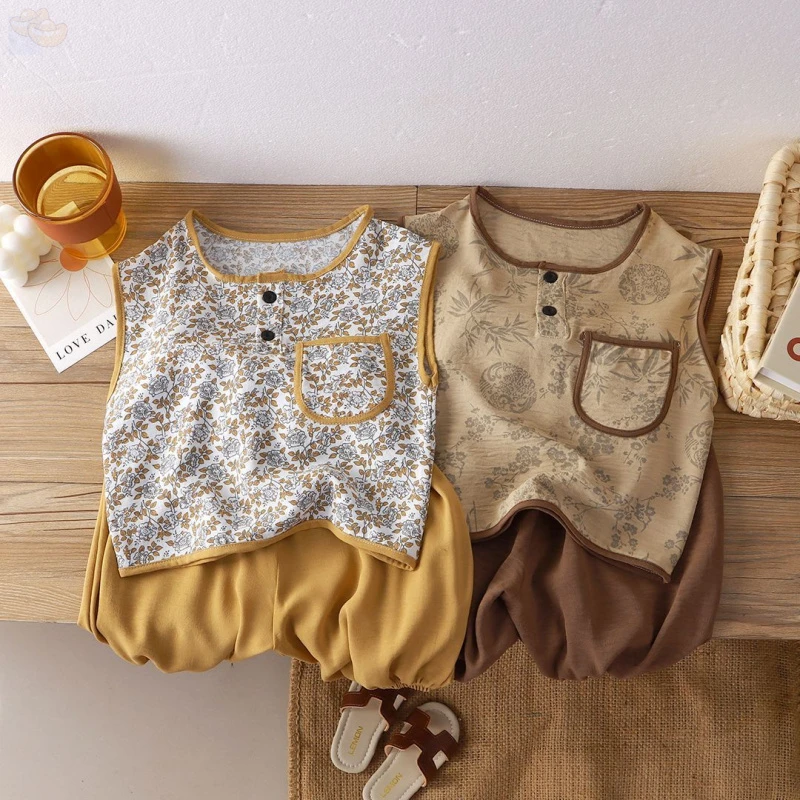 森系夏季男女夏装儿童中国风套装2024新款复古中式春秋洋气无袖