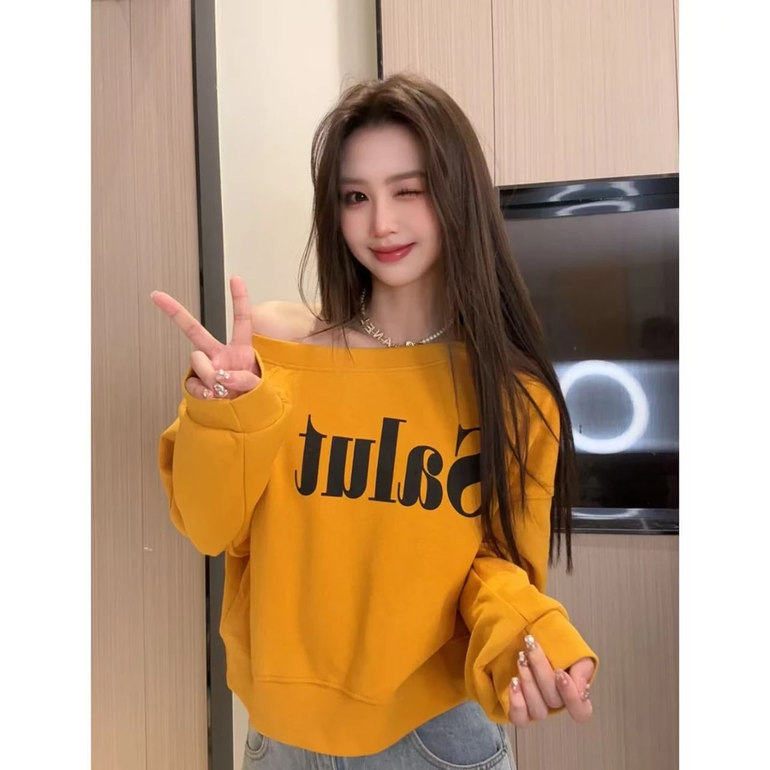 韩版宽松百搭休闲洋气时尚长袖早秋女款卫衣通勤风斜领拼字