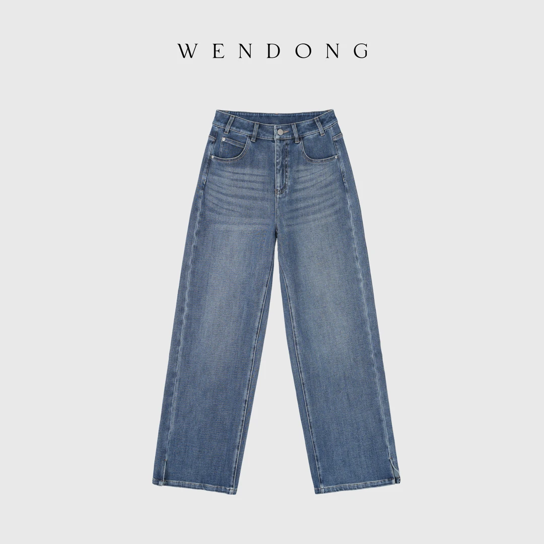 问东秋冬款高腰开衩牛仔裤女宽松直筒阔腿垂感休闲长裤 WD19060
