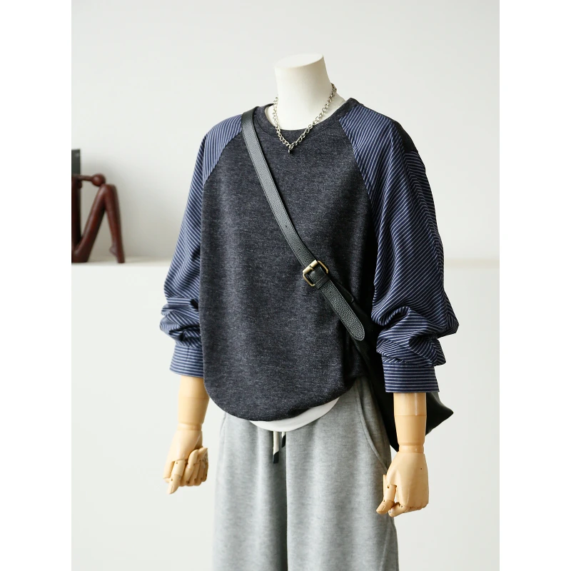 休闲百搭条纹拼接卫衣女圆领宽松显瘦秋季简约韩版长袖上衣T恤女