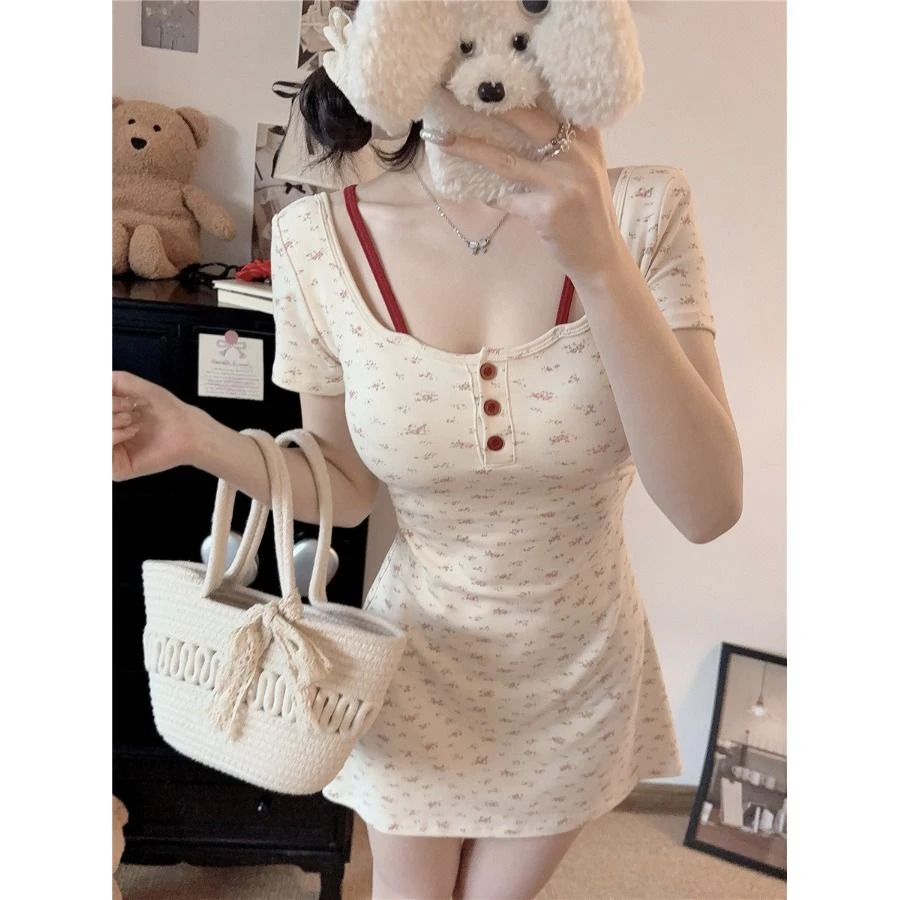 纯欲甜辣妹假两件印花设计感休闲甜美夏季短袖连衣裙女包臀短裙