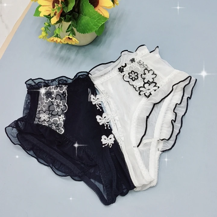 时尚潮流蕾丝网纱刺绣小花朵高腰女士家居小裤