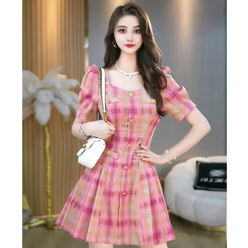 法式复古时尚小香风时尚气质高级感百搭小众百褶连衣裙D1172