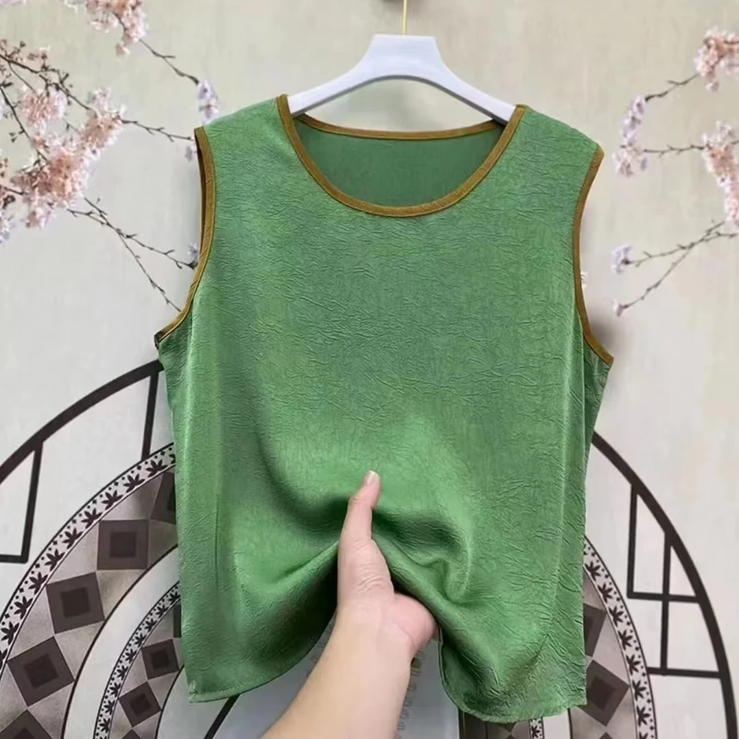 春夏新款压绉背心肌理感撞色女外穿纯色百搭打底背心
